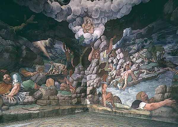 Sala dei Giganti, view of two walls showing the destruction of the rebellious giants by Jupiters thunderbolts, 1536 Oil Painting by Giulio Romano (Orbetto)