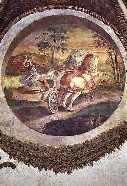 Scene showing that those born under the sign of Scorpio in conjunction with the constellation of the Centaur will be adept at horse-driving, symbolised by a chariot driver, from the Camera dei Venti, 1528 Oil Painting by Giulio Romano (Orbetto)