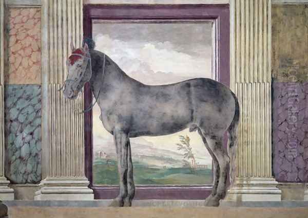 Sala dei Cavalli, detail showing a portrait of Morel Favorito, a horse from the stables of Ludovico Gonzaga III of Mantua, 1528 Oil Painting by Giulio Romano (Orbetto)