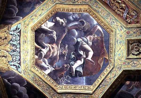 Neptune and a water nymph, ceiling caisson from the Sala di Amore e Psiche, 1528 Oil Painting by Giulio Romano (Orbetto)