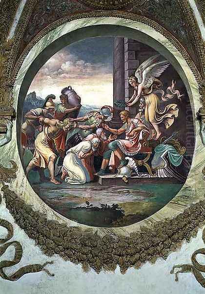 Scene showing that those born under the sign of Aquarius in conjunction with the constellation of Aquila are imparted with warlike virtues, symbolised by a scene of triumph, from the Camera dei Venti, 1528 Oil Painting by Giulio Romano (Orbetto)