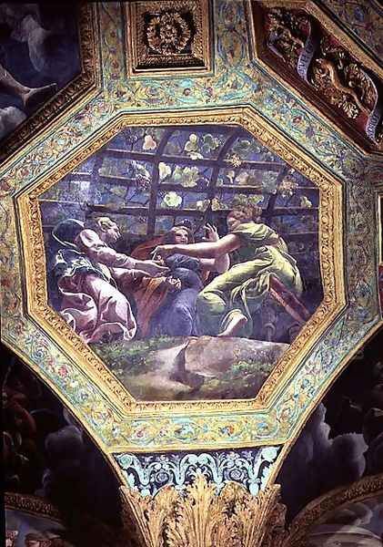 Women gathering grapes, ceiling caisson from the Sala di Amore e Psiche, 1528 Oil Painting by Giulio Romano (Orbetto)