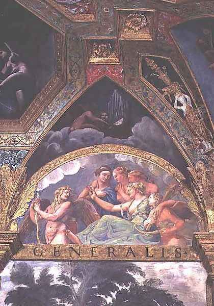 Cupid with Venus and Mercury whom she is sending to capture Psyche, lunette from the Sala di Amore e Psiche, 1528 Oil Painting by Giulio Romano (Orbetto)