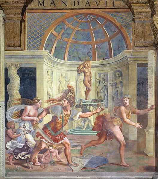 Venus, whose pricked foot stains the petals of a rose red, with Mars who pursues Adonis with an unsheathed sword from the Sala di Amore e Psiche, 1528 Oil Painting by Giulio Romano (Orbetto)