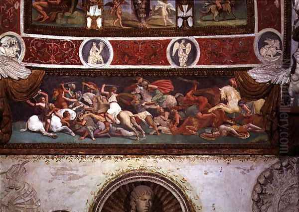 Camera delle Aquile, detail of the frieze depicting the battle between the Greeks and the Amazons, 1528 Oil Painting by Giulio Romano (Orbetto)