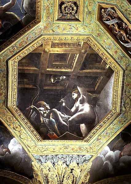 Psyche sees Cupid while he sleeps, ceiling caisson from the Sala di Amore e Psiche, 1528 Oil Painting by Giulio Romano (Orbetto)