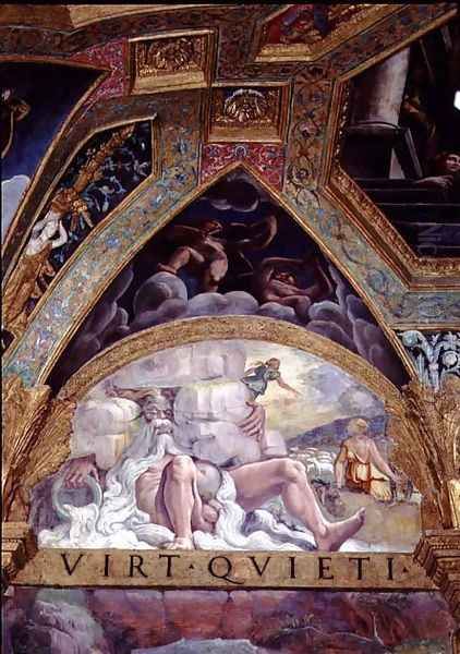 Anthropomorphic figure of a river as an old man with a flowing white beard, in the background Psyche engaged in her ordeal set by Venus of stealing wool from a sheep's fleece, lunette and spandrel from the Sala di Amore e Psiche, 1528 Oil Painting by Giulio Romano (Orbetto)