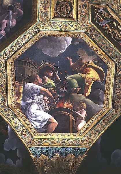 Scene of the sacrifice of a dove, ceiling caisson from the Sala di Amore e Psiche, 1528 Oil Painting by Giulio Romano (Orbetto)