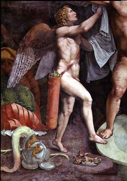 Mars and Venus bathing, detail showing Cupid aiding Mars from the Sala di Amore e Psiche, 1528 Oil Painting by Giulio Romano (Orbetto)