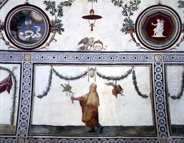 The Camera con Fregio di Amorini Chamber of the Cupid Frieze detail of the ceiling depicting a robed man and insignia of the Medici family, 1520s Oil Painting by Giulio Romano (Orbetto)