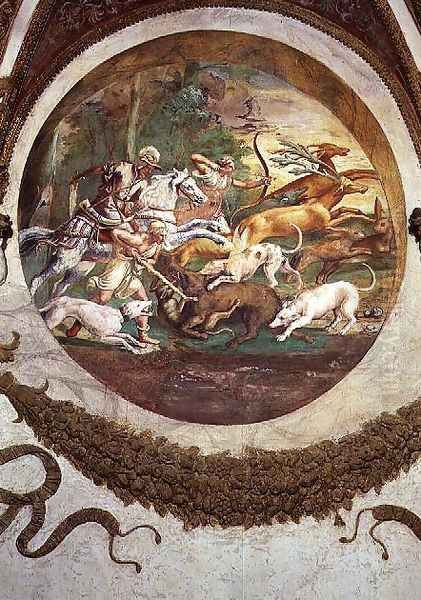 Scene showing that those born under the sign of Cancer in conjunction with the constellation of Mars will be skilled in hunting and fishing, symbolised by a scene of a hunt, from the Camera dei Venti, 1528 Oil Painting by Giulio Romano (Orbetto)