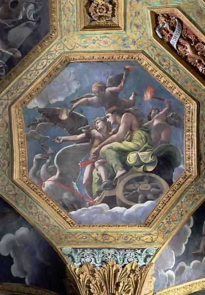 Venus and Cupid in a chariot drawn by swans, ceiling caisson from the Sala di Amore e Psiche, 1528 Oil Painting by Giulio Romano (Orbetto)