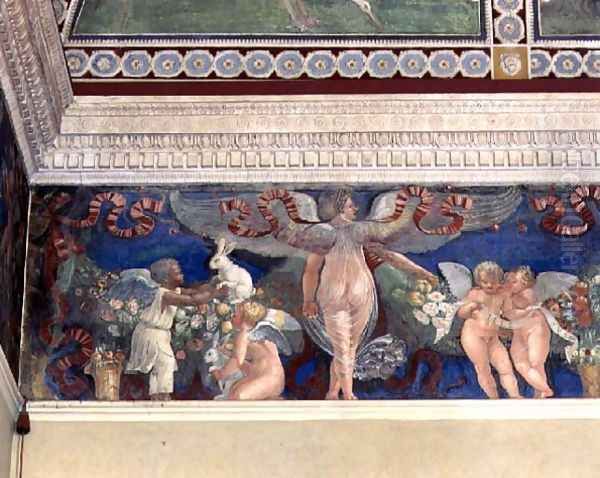 Frieze from the Camera con Fregio di Amorini Chamber of the Cupid Frieze detail of two cupids, one black, playing with rabbits, 1520s Oil Painting by Giulio Romano (Orbetto)