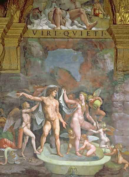 Mars and Venus bathing, aided by Cupid and putti from the Sala di Amore e Psiche, 1528 Oil Painting by Giulio Romano (Orbetto)