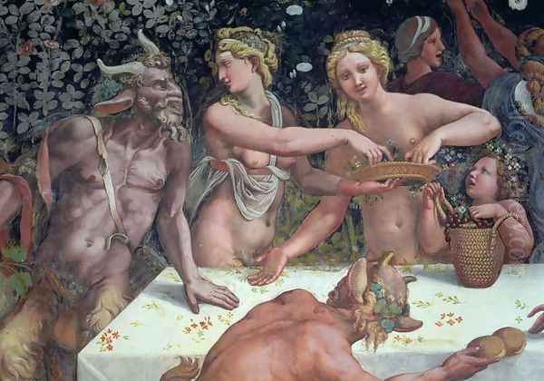 Two Horae scattering flowers, watched by two satyrs, detail of the rustic banquet celebrating the marriage of Cupid and Psyche from the Sala di Amore e Psiche, 1528 Oil Painting by Giulio Romano (Orbetto)