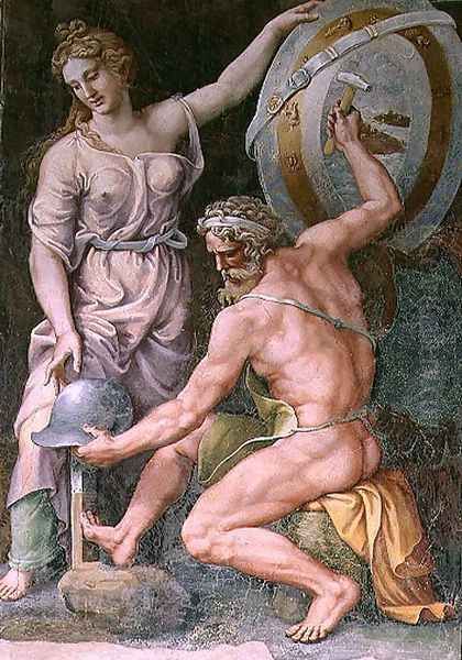 Vulcan forging the armour of Achilles Oil Painting by Giulio Romano (Orbetto)