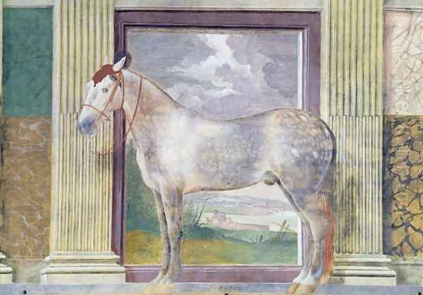 Sala dei Cavalli, detail showing a portrait of Dario, a horse from the stables of Ludovico Gonzaga III of Mantua, 1528 Oil Painting by Giulio Romano (Orbetto)