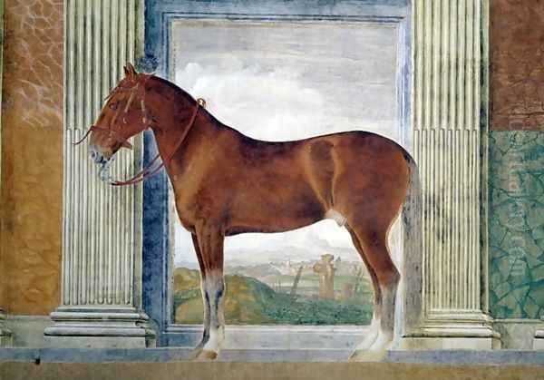 Sala dei Cavalli, detail showing a portrait of a chestnut horse from the stables of Ludovico Gonzaga III of Mantua, 1528 Oil Painting by Giulio Romano (Orbetto)