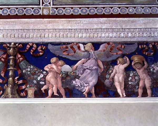 Frieze from the Camera con Fregio di Amorini Chamber of the Cupid Frieze detail of wrestling cupids, 1520s Oil Painting by Giulio Romano (Orbetto)