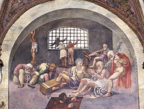 Scene showing that those born under the sign of Sagittarius in conjunction with the setting constellation of Arcturus will be led to commit grave crimes, symbolised by shackled prisoners, from the Camera dei Venti, 1528 Oil Painting by Giulio Romano (Orbetto)