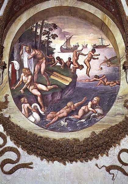 Scene showing that those born under the sign of Aries in conjunction with the constellation of the Ship and Dolphin are imparted with aptitudes for navigation and swimming, symbolised by the ship and swimmers, from the Camera dei Venti, 1528 Oil Painting by Giulio Romano (Orbetto)