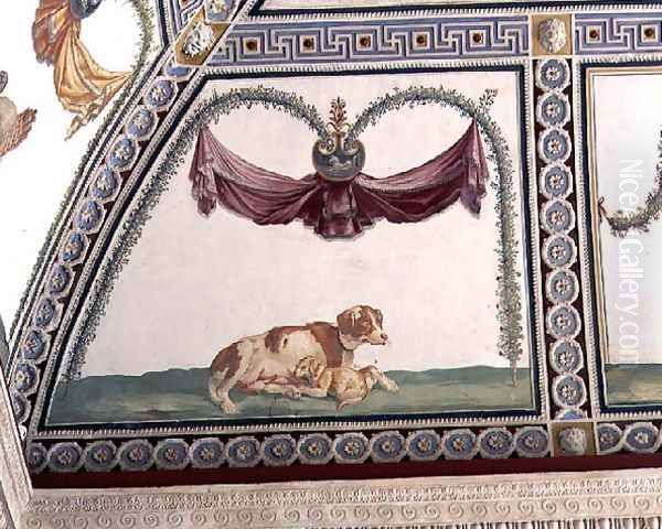 The Camera con Fregio di Amorini Chamber of the Cupid Frieze detail of a dog and a puppy, 1520s Oil Painting by Giulio Romano (Orbetto)