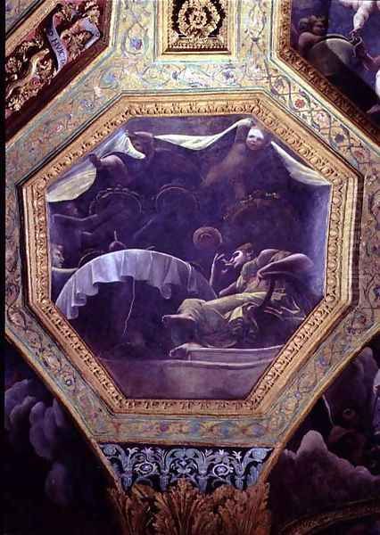 Psyche eating in the house of Cupid, ceiling caisson from the Sala di Amore e Psyche, 1528 Oil Painting by Giulio Romano (Orbetto)