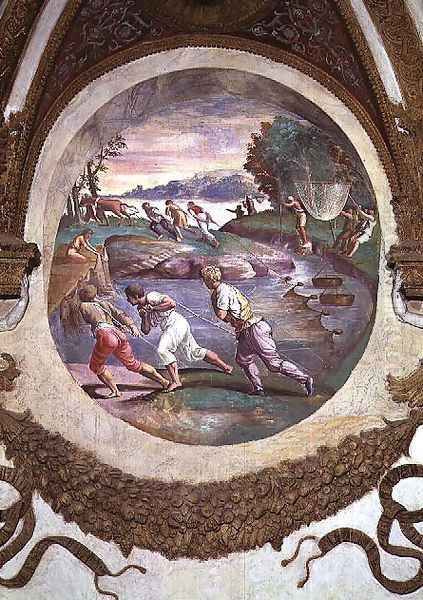 Scene showing that those born under the sign of Cancer in conjunction with the constellation of Mars are imparted with an aptitude for hunting and fishing, symbolised by a scene of fishing with nets, from the Camera dei Venti, 1528 Oil Painting by Giulio Romano (Orbetto)