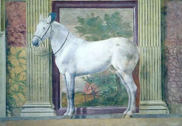 Sala dei Cavalli, detail showing a portrait of a grey horse from the stables of Ludovico Gonzaga III of Mantua, 1528 Oil Painting by Giulio Romano (Orbetto)