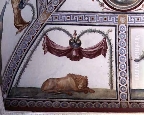 The Camera con fregio di Amorini Chamber of the Cupid Frieze detail of a sleeping lion, 1520s Oil Painting by Giulio Romano (Orbetto)