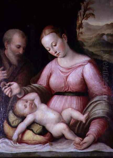 The Holy Family in a Mountainous Landscape Oil Painting by Giulio Romano (Orbetto)