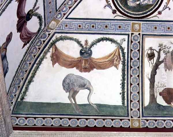 The Camera con Fregio di Amorini Chamber of the Cupid Frieze detail of an ostrich, 1520s Oil Painting by Giulio Romano (Orbetto)