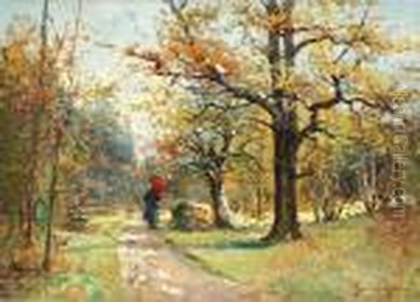 Landscape With Strolling Lady Oil Painting by Severin Nilson