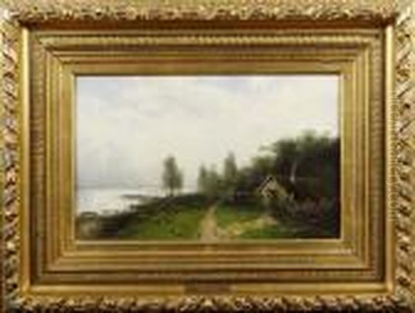 Insjolandskapmed Stuga Vid Stranden Oil Painting by Severin Nilson