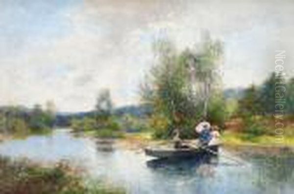 Rowing In A Summer Landscape Oil Painting by Severin Nilson