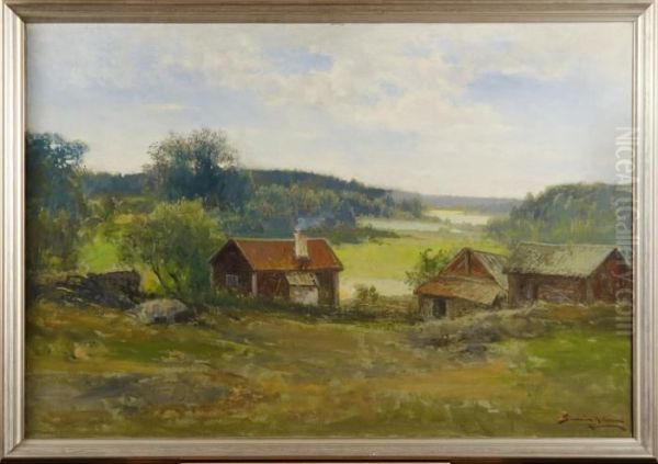 Gardsmotiv I Sommarlandskap Oil Painting by Severin Nilson