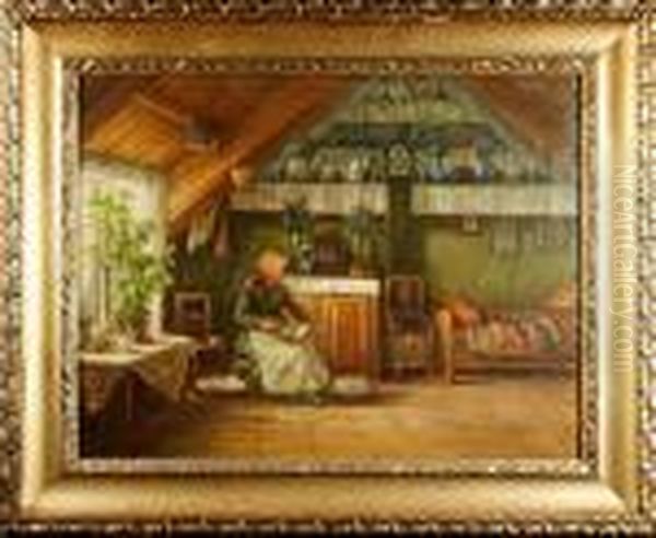 Allmogeinterior Med Kardande Kvinna Oil Painting by Severin Nilson