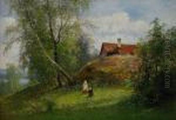 Svenskt Sommarlandskap Med Tva Smaflickor Oil Painting by Severin Nilson