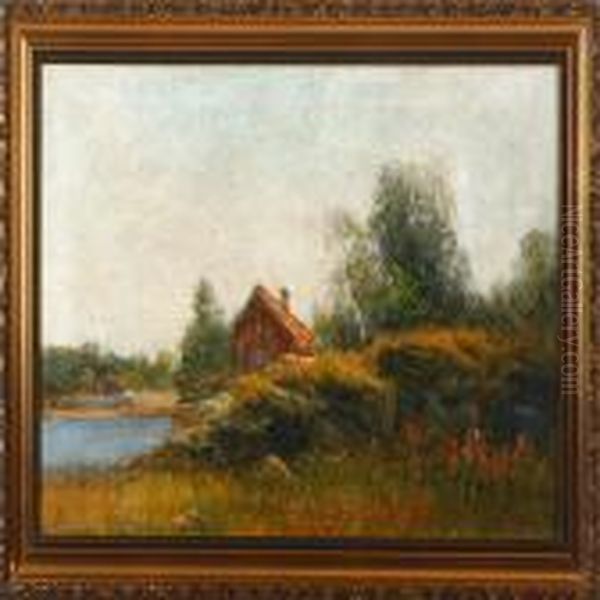 A Summer Landscape With A House Near A Lake Oil Painting by Severin Nilson