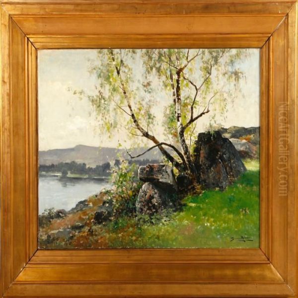 A Costal Scenery Fromhalland With Birch Trees Oil Painting by Severin Nilson