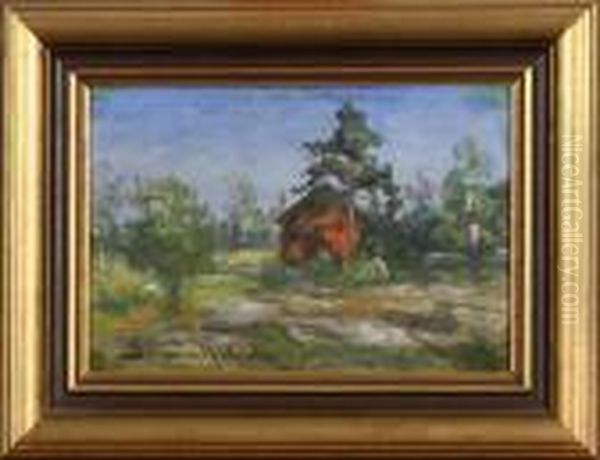 Skogslandskap Med Stuga, Signerad Oil Painting by Severin Nilson