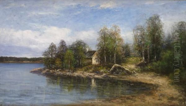 Fiskestuga Vid Sjon Glottran, Kolmarden Oil Painting by Severin Nilson