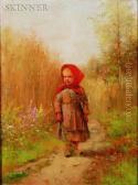 Young Girl On A Country Path Oil Painting by Severin Nilson