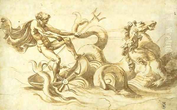 Neptune in his chariot drawn by hippocamps Oil Painting by Giulio Romano (Orbetto)