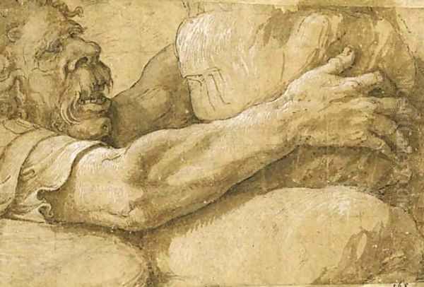 A giant clutching a rock Oil Painting by Giulio Romano (Orbetto)