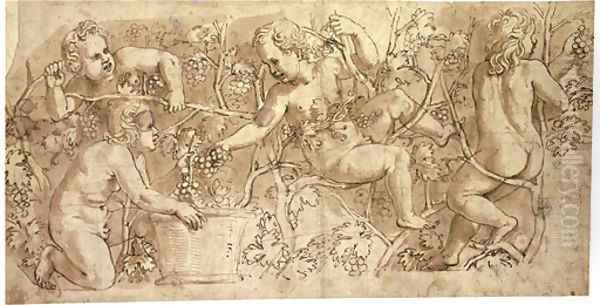 Putti picking grapes Design for a frieze Oil Painting by Giulio Romano (Orbetto)