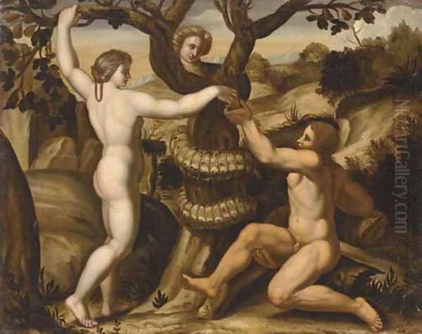 The Temptation of Adam and Eve Oil Painting by Giulio Romano (Orbetto)