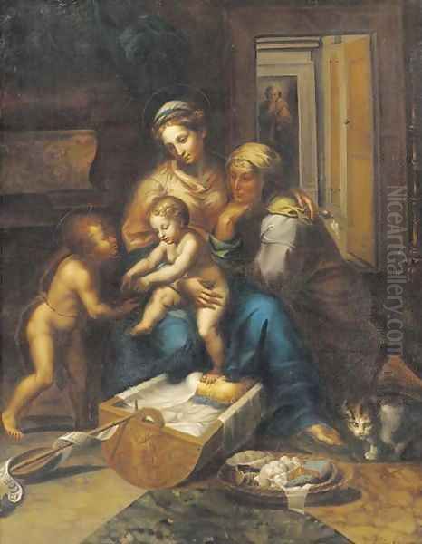 The Holy Family with the Infant Saint John the Baptist and Saint Elizabeth Oil Painting by Giulio Romano (Orbetto)