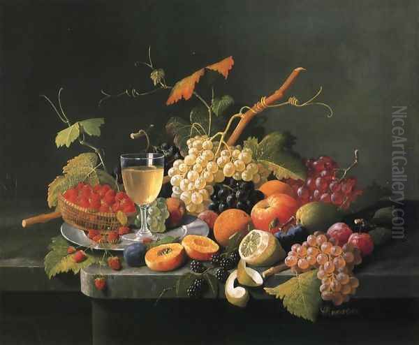 Fruit on a Marble Ledge with Wine Glass Oil Painting by Severin Roesen