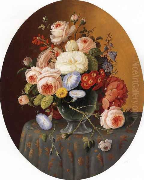 Floral Arrangement in a Glass Vase on a Clothed Table Oil Painting by Severin Roesen